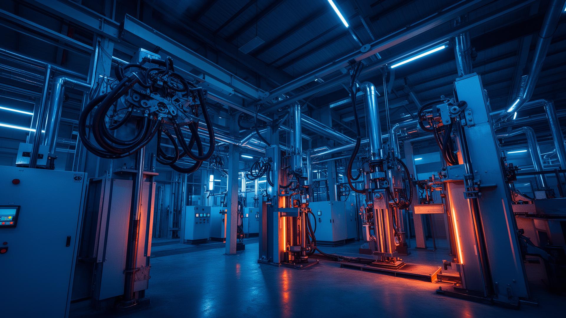 Instalação industrial moderna com sistemas hidráulicos